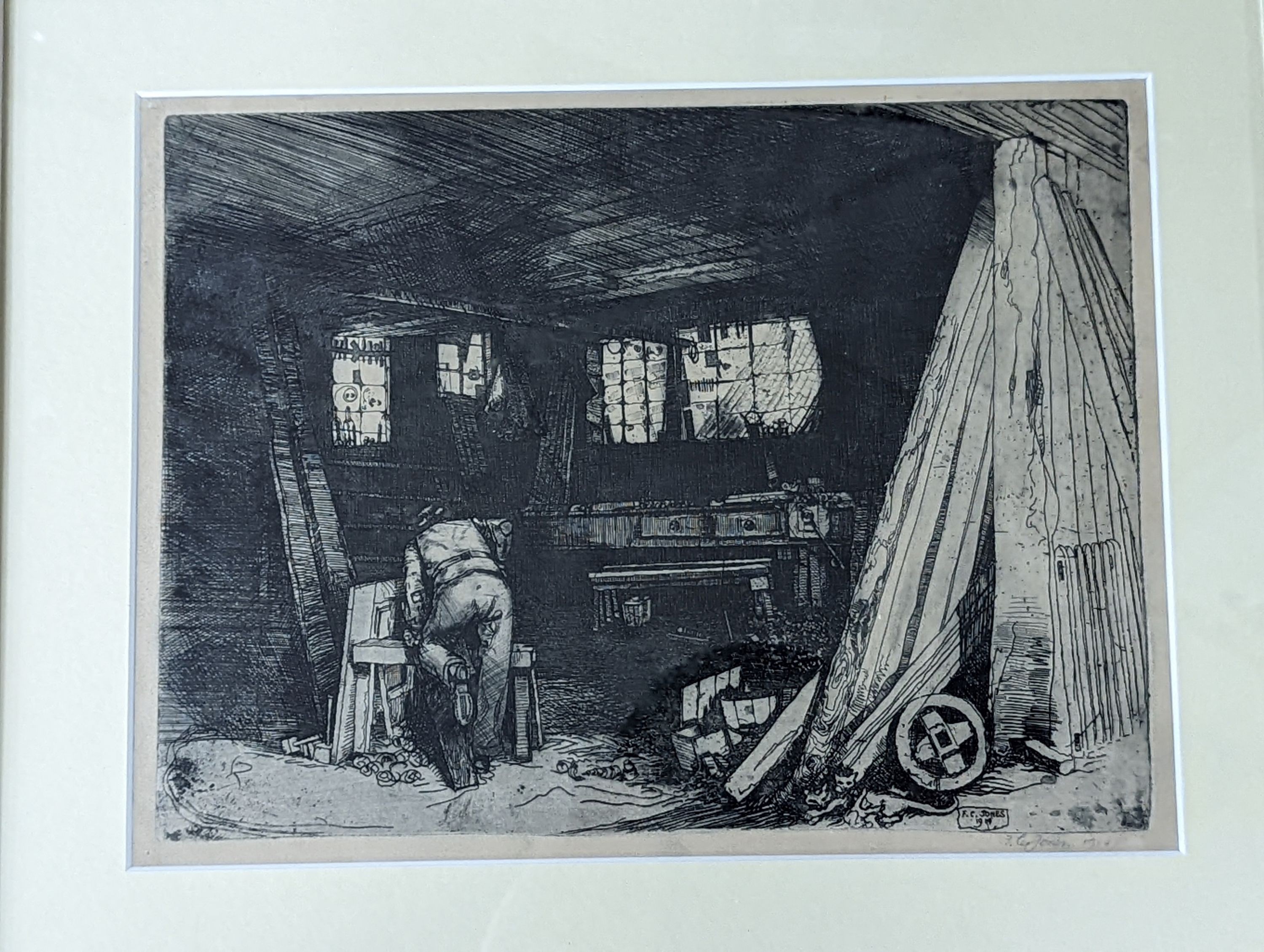 Fred Cecil Jones RBA (1891-1956), etching, Carpenter in a workshop, signed in pencil and dated 1914, 19 x 26cm